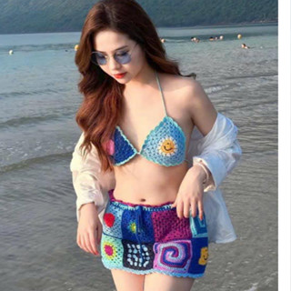 SET BIKINI MÓC LEN HỌA TIẾT XANH DƯƠNG HANDMADE HIMI156