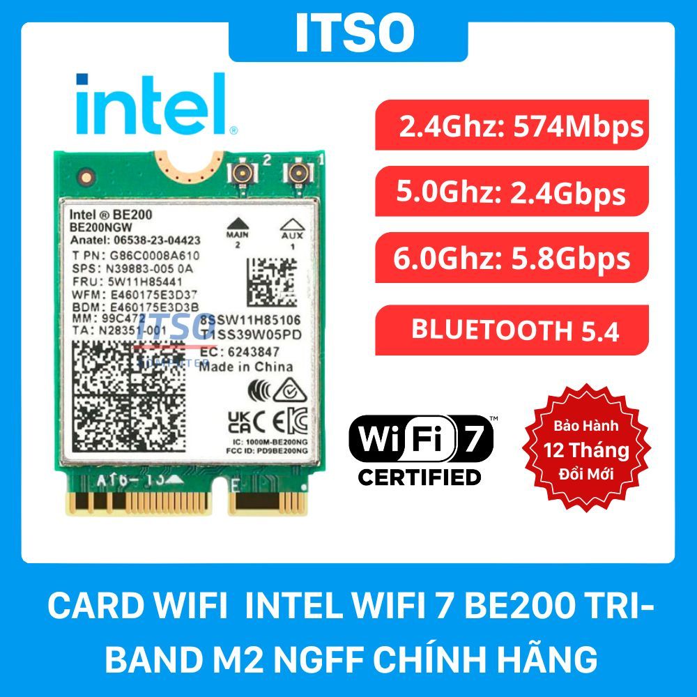Card WIFI Intel WIFI-7 BE200 khe M2 NGFF chính hãng