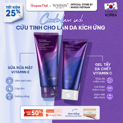 Combo X2 Làm Sạch Sáng Da Mờ Thâm Dịu Nhẹ: Sữa Rửa Mặt Vitamin E WHISIS 120ml + Gel Tẩy Da Chết Vitamin C WHISIS 120ml
