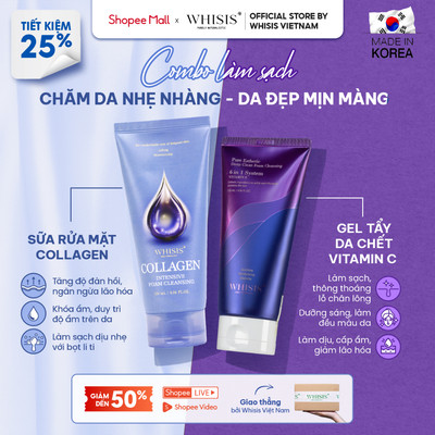 Combo Làm Sạch Kép WHISIS Gồm: Sữa Rửa Mặt Collagen WHISIS + Tẩy Tế Bào Chết Da Vitamin C WHISIS 120ml Sạch Sâu Hiệu Quả