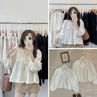   Hàng QC - Sẵn  Áo sơ mi cổ V dài tay phối ren thắt nơ ngực cách điệu Bunny Top 