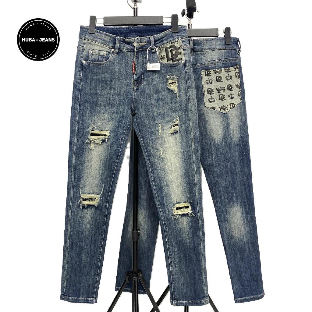 Quần jean nam HUBA-JEANS co giãn xanh PHỦ VÀNG rách Có Túi Pant Menswear quần purple có thể giặt máy