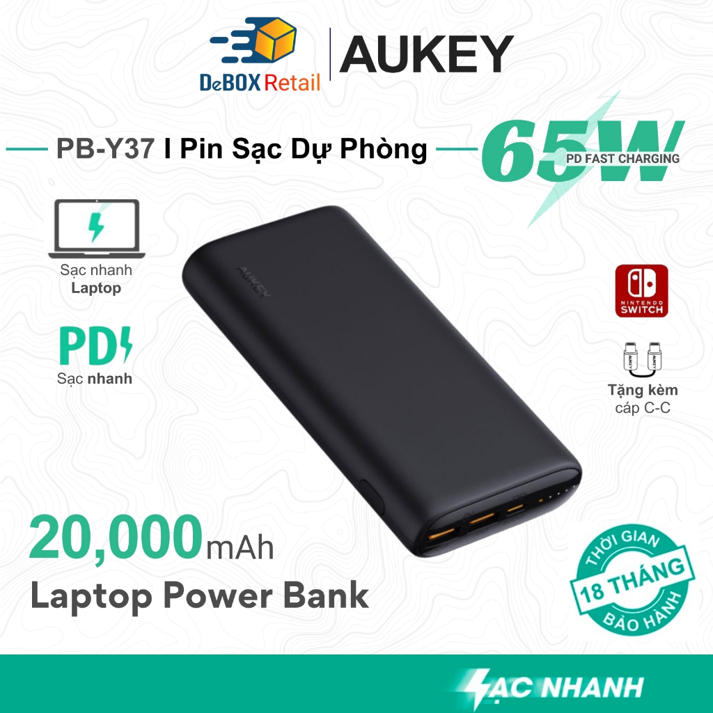 Pin Sạc dự phòng AUKEY PB-Y37 Essential 20000mAh 65W PD｜QC 3.0 Sạc nhanh Laptop, di động, Nintendo S