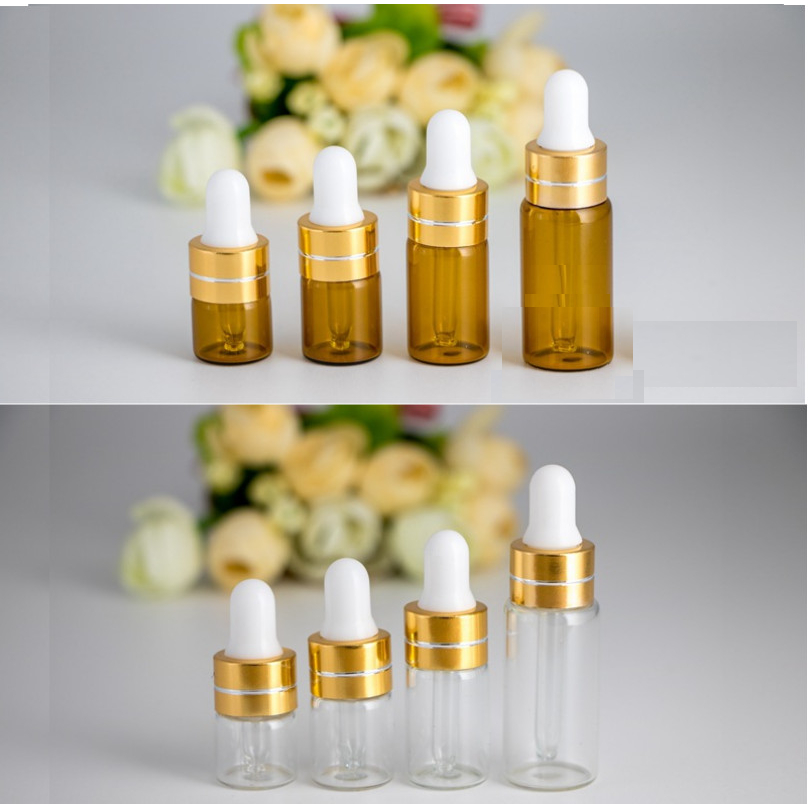 Combo 10 Chai thủy tinh MỎNG nắp bóp VÀNG 1ml 2ml 3ml 4ml 5ml - Lọ chiết serum đựng tinh dầu, dụng cụ spa du lịch