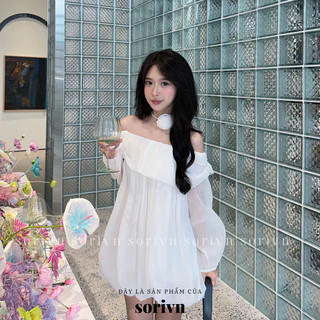  ÁO VÁY TRỄ VAI TAY PHỒNG DÁNG BÍ TẶNG KÈM CHOCKER HOA