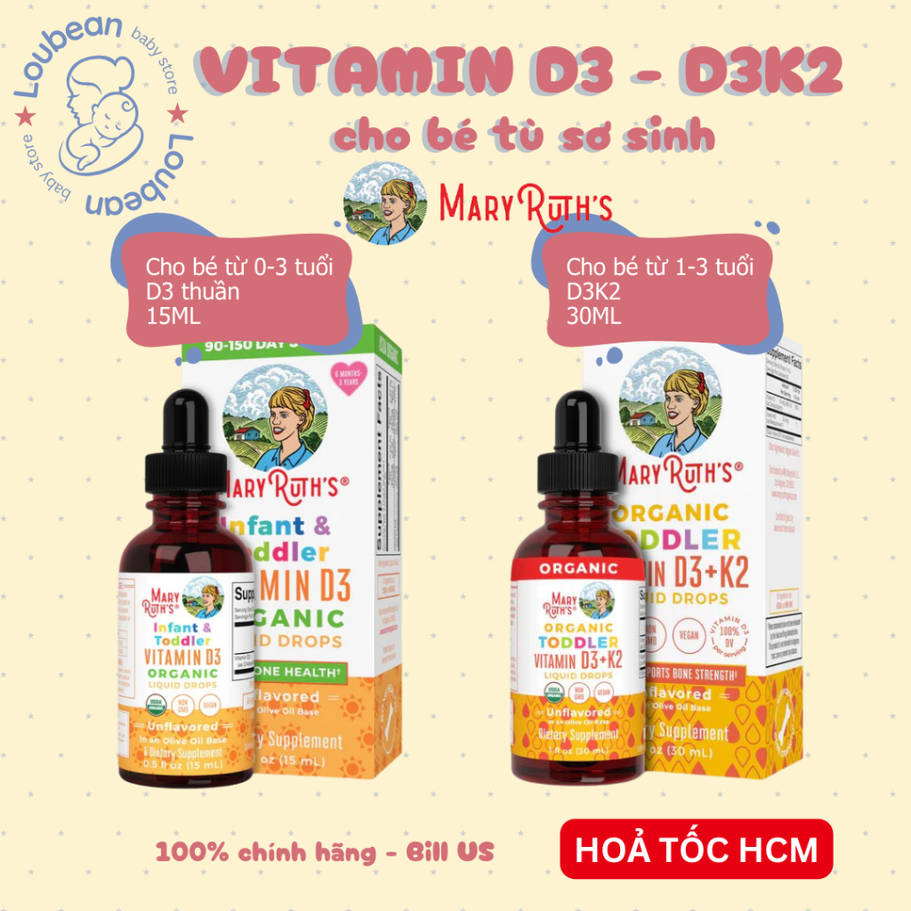 Date 2027 Vitamin D3 D3K2 hữu cơ thuần chay nhỏ giọt Mary Ruth's cho bé nội địa Mỹ Loubean