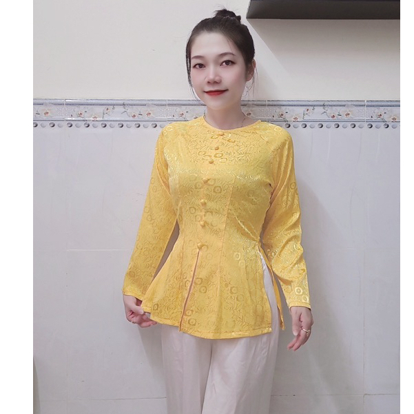 áo bà ba (không kèm quần) gấm 2 da cổ tròn nút bọc dây kéo (40-70kg)