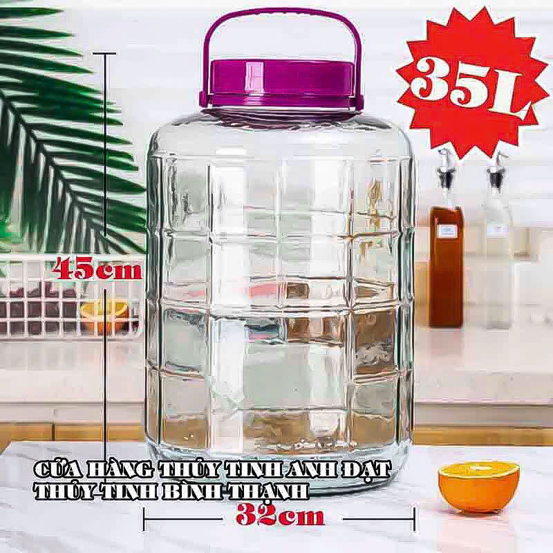 Bình Thủy Tinh Ngâm Rượu, Ngâm Trái Cây, Nuôi Giấm Nắp Tím Có Quai 16L, 20L, 35L Không Vòi & Có Vòi