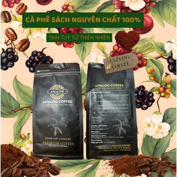 500Gr Bột cà phê nguyên chất, Hữu cơ 100%-Analog coffee, rang mộc, thơm nồng, đậm đà, mang năng lượng tích cực