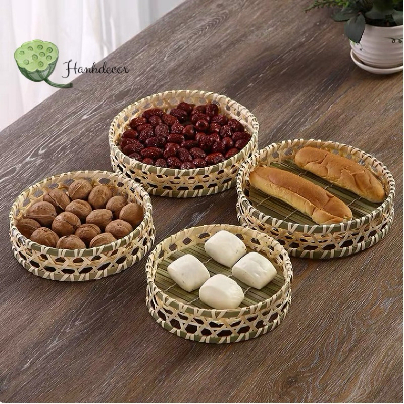 Rổ tre đan thưa hình tròn decor, đựng hoa quả, Đế tre tròn đựng đồ ăn chụp ảnh