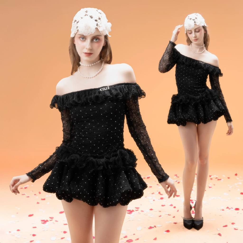  Cazi Ellie Dress - Váy trễ vai bèo ngực chân váy bồng 