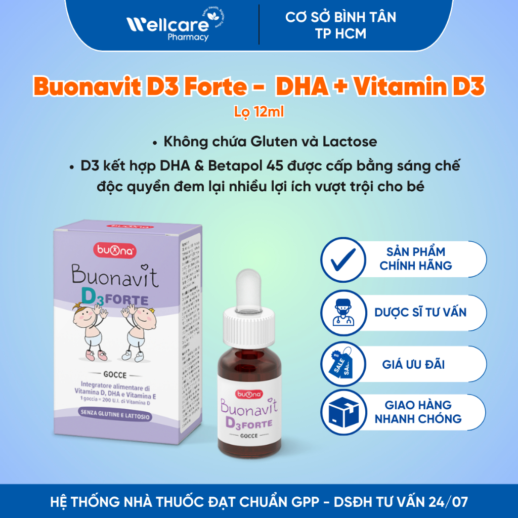 [CHÍNH HÃNG BUONA] BuonaVit D3 Forte  – Lọ 12ml Bổ sung D3 và DHA cho bé, dùng cho bé thiếu cân và s