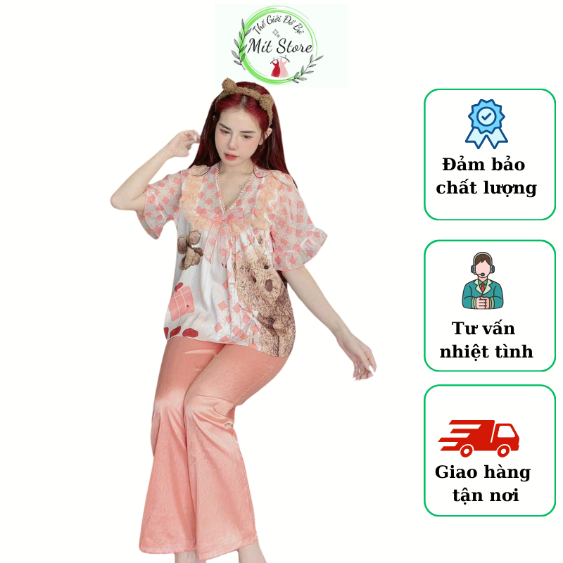 Set đồ nữ, Pijama đồ bộ cổ V ren tay phối voan vải Xước mềm, thoáng mát Freesize 40-57 kg- MítStore