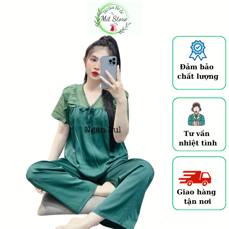 Set đồ nữ, Pijama đồ bộ cổ V tay phối voan vải Xước mềm, thoáng mát Freesize 40-57 kg- MítStore
