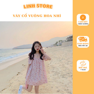 Váy hoa nhí,váy hoa cổ vuông hở lưng điệu đà 2 lớp (hàng sẵn video ảnh thật) (1)