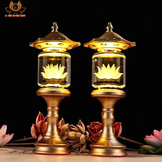 [HÀNG SẴN] CẶP 2 CÂY ĐÈN LED HOA SEN PHA LÊ THỜ CÚNG TRANG TRÍ