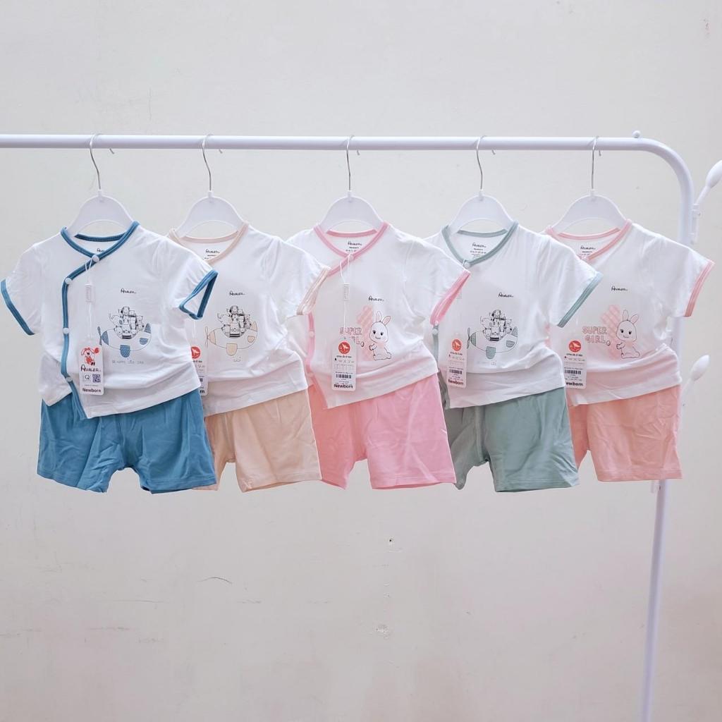 Avaler Bộ quần áo cộc tay mùa hè trẻ em sơ sinh cúc bấm cài lệch vải sợi tre mềm mịn cho bé trai gái