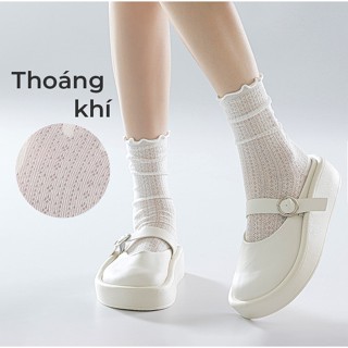 Tất Ren Trắng Cổ Cao Cotton Mỏng Thoáng Khí, Vớ Ren Cổ Bèo Nữ, Tất Ren Lolita Nhật Bản Mùa Hè Cao Cổ