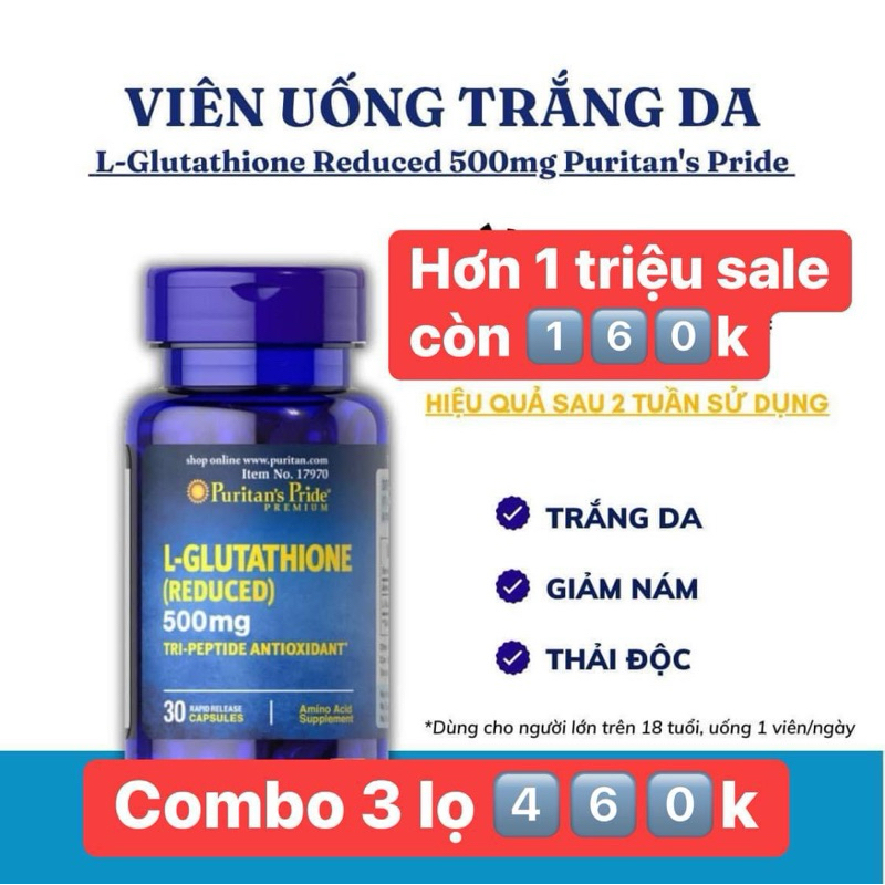 (Bill Hãng) omega va Viên uống làm trắng da L-GLUTATHIONE 500mg Puritain'sPride, bổ gan 1000mg