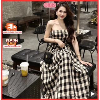 Đầm Maxi Kẻ Ô Caro, Váy Cúp Ống Quay Ngực lưng bo chun