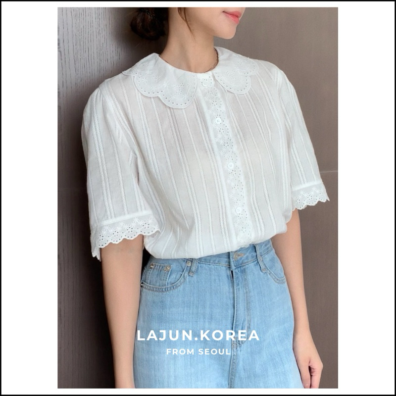 [LAJUN KOREA] Áo Sơ Mi Cổ Bẻ Tròn Ren Jiny Race Tay Lửng Vừa Đáng Yêu Hàn Quốc