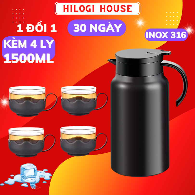 Ấm pha trà giữ nhiệt 1500ml tặng 4 ly thủy tinh Hilogi house, inox 316, lõi lọc inox, bình pha cafe, giữ nóng 10h, 20g