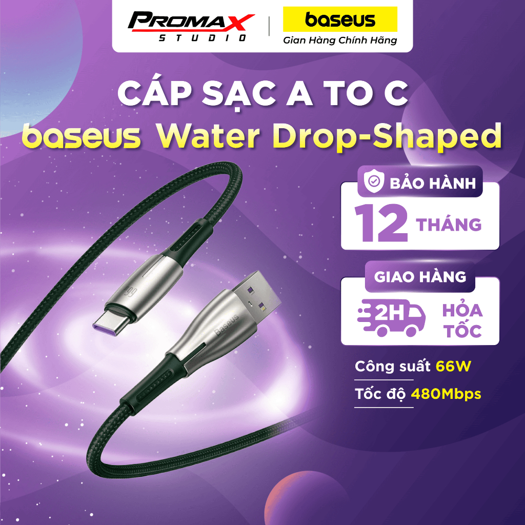 Cáp sạc nhanh, siêu bền Baseus Water Drop-Shaped Lamp Type C Cable (66W, 480Mbps, 6A Super Fast Charge )