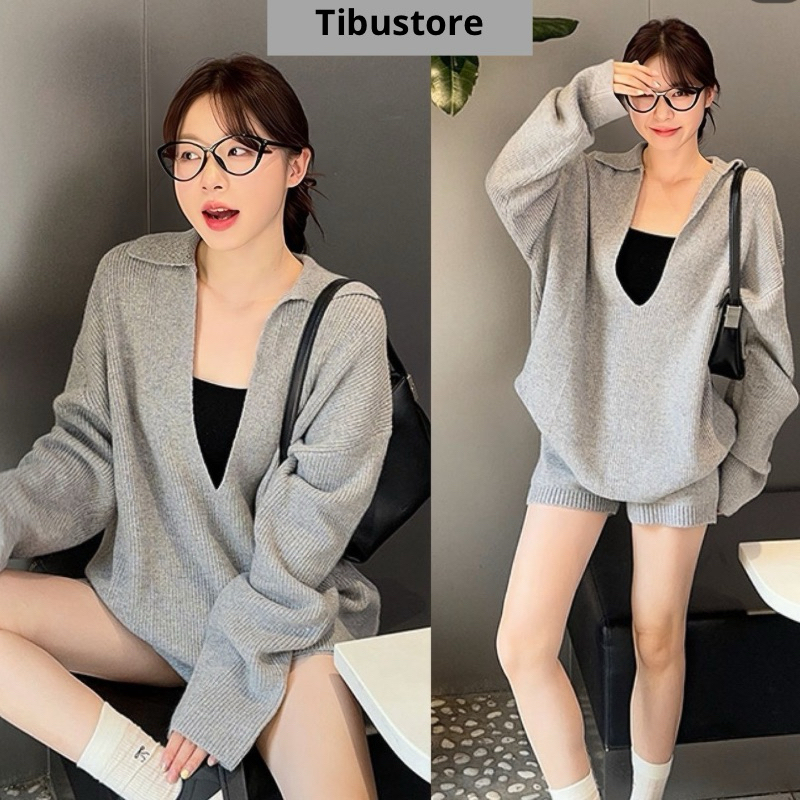  Set Áo Cổ V Tay Dài Kèm Quần Sort TIBU Set Đồ Nữ Sang Chảnh Đơn Giản Che Khuyết Điểm Đi Chơi Thu Đông S45 