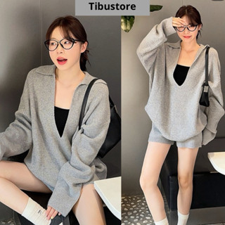 Set Áo Cổ V Tay Dài Kèm Quần Sort TIBU Set Đồ Nữ Sang Chảnh Đơn Giản Che Khuyết Điểm Đi Chơi Thu Đông S45