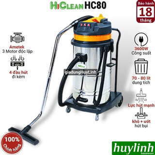 Máy hút bụi công nghiệp hiclean hc80 - 80 lít - 3600w - 3 motor - hút bụi khô và ướt