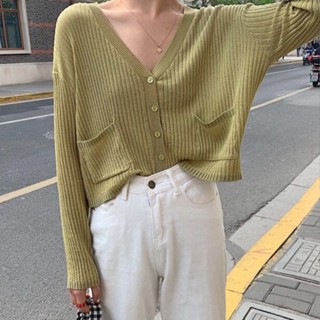 Áo len cardigan nữ Dáng ngắn Phối 2 túi trước Giữ ấm Thu Đông Áo len khoác ngoài cardigan nữ Giữ nhiệt