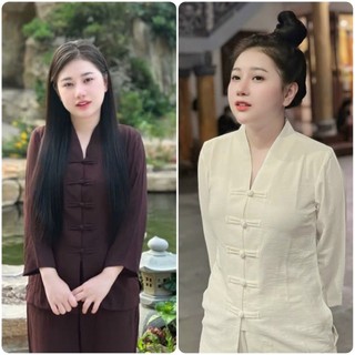 Đồ lam đi chùa nữ chất vải đũi la hán thắt nút Thiên Di - Pháp phục đi chùa nữ dành cho phật tử D46