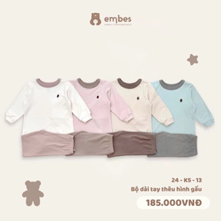 Bộ Thu Đông Embes, Bộ Quần Áo Dài Tay Thêu Hình Gấu Chất Cotton Thun Mềm Mịn Cho Bé Gái 8kg đến 18kg