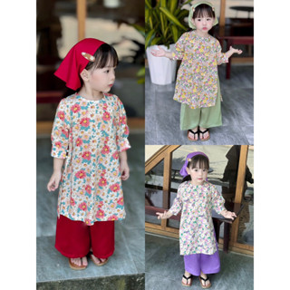 Áo Dài Thô Hoa Phối Quần Lụa Cho Bé Gái - Họa Tiết Hoa Xinh Xắn Điệu Đà