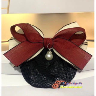 Kẹp tóc búi lưới handmade trắng đỏ viền rb cao cấp K93