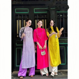 Áo dài nữ lụa gấm cách tân dáng suông cổ cao tay lỡ - Áo dài lụa gấm cổ cao