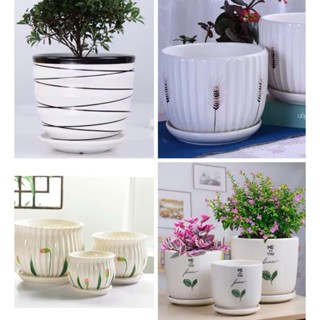  Chậu hoa gốm sứ men bóng kèm đĩa đựng nước dính liền - Chậu trồng cây kèm dĩa - Chậu hoa trang trí 