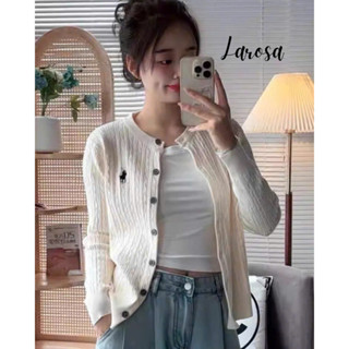 Áo khoác cardigan nữ , áo khoác len VẶN THỪNG cổ tròn dài tay thêu logo ngựa màu trắng, xám, tím than QCCC_LaRoSa