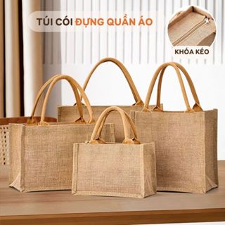  Túi xách cói đựng quần áo nhỏ gọn du lịch đứng form có dây kéo túi tote thời trang vintage phong cách Hàn Quốc Mono 
