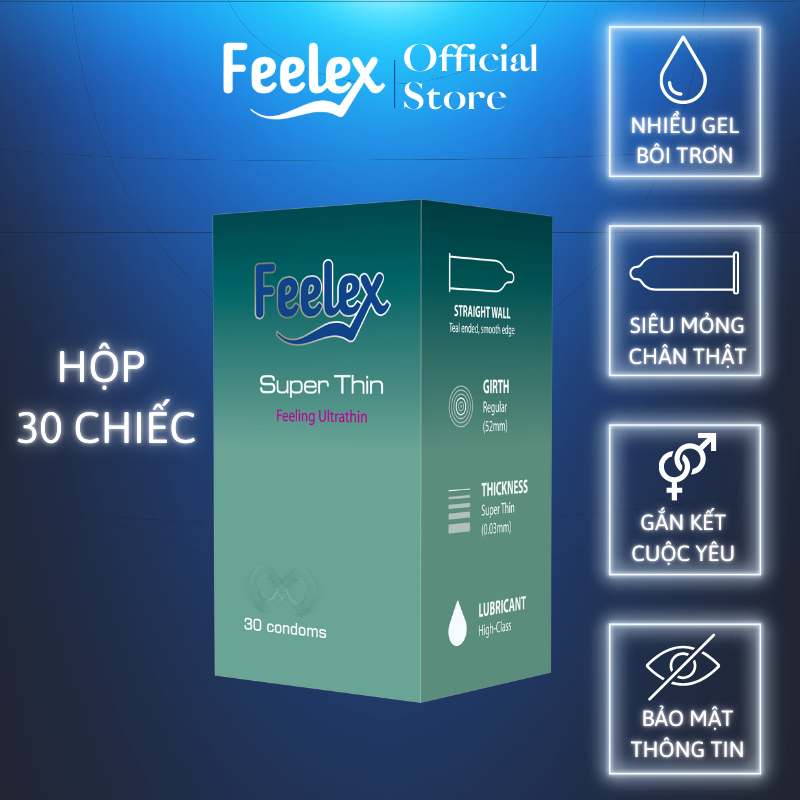 Bao cao su Feelex superthin siêu mỏng, nhiều gel bôi trơn, hương dâu - hộp 30 bcs