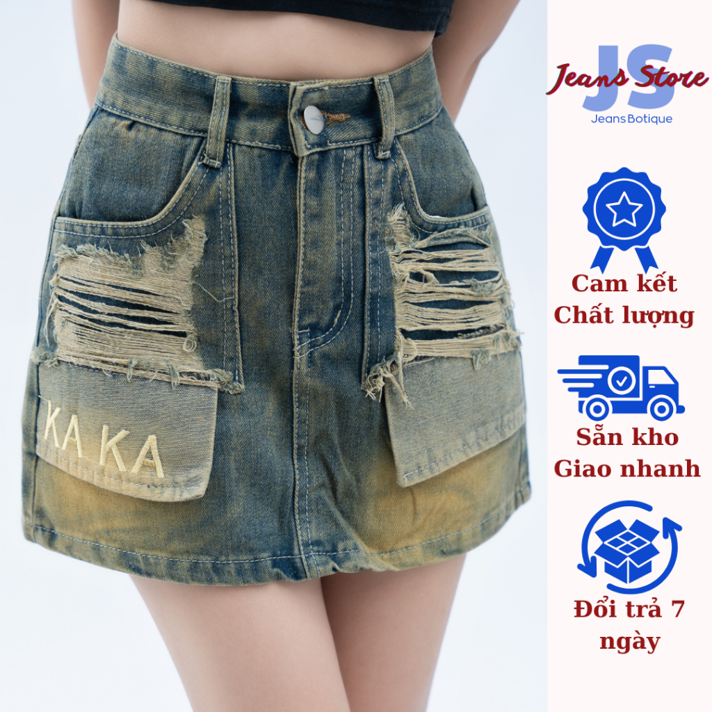 Quần váy jean nữ, Chân váy bò có lót bên trong cạp cao kiểu dánh chữ A dáng ngắn JEAN STORE