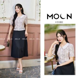 Áo sơ mi ngắn tay mix chân váy 𝐌𝐎𝐎𝐍, áo dáng ngắn chất tơ vân hoa mix chân váy xoè basic cực sang MA284 - MCV409