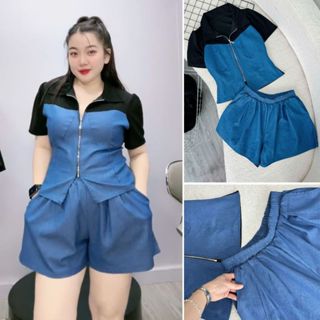 Set bộ Jean Bigsize Nữ áo kiểu tay ngắn kèm quần đùi dáng  A vải jean giấy phối thun ruby - SET839