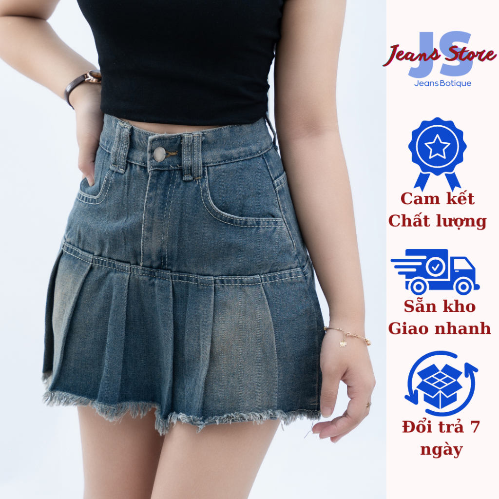 Chân váy Jean dáng xòe cho nữ, Quần đùi giả váy bò cạp cao che bụng JEAN STORE