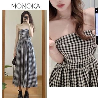  Váy maxi kẻ caro đen trắng cúp ngực ôm body dáng xòe Đầm đi biển dáng dài nữ tính vintage đi chơi du lịch  T535G MONOKA 