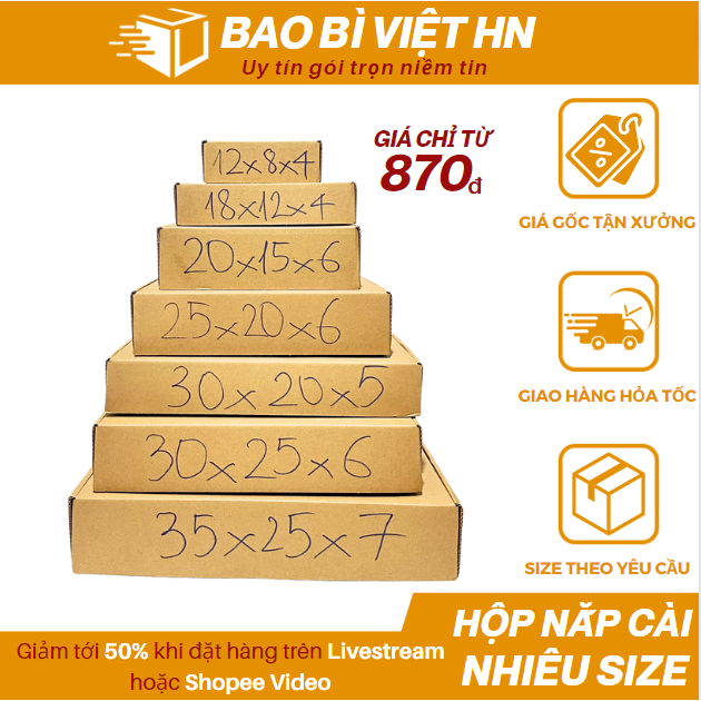Combo 10 Hộp carton nắp gài nhiều kích thước đựng quần áo, phụ kiện, mỹ phẩm -Bao bì Việt HN(1)