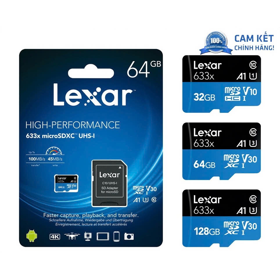 Thẻ Nhớ MicroSDXC Lexar 633x 32GB/64GB/128GB/256GB class 10, A1, tốc độ đọc up 100Mbp/s - SP chính hãng bảo hành 5 năm