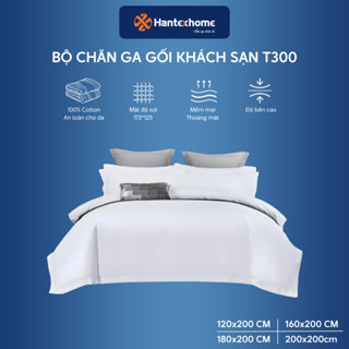 Bộ Chăn Ga Gối Khách Sạn T300 Hantexhome Trắng Trơn, Kẻ Sọc 100% Cotton