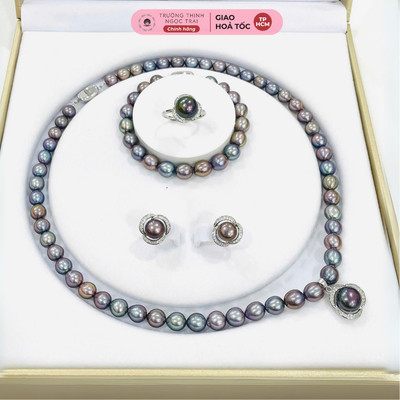 Bộ Trang Sức Ngọc Trai 4 Món Màu Đen Lông Công Khóa Bạc 925 Độ Sáng 5A Mẫu 2 - Ngọc Trai Trường Thịnh
