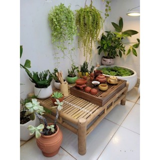 Bàn tre ngồi bệt uống trà,decor tiểu cảnh...